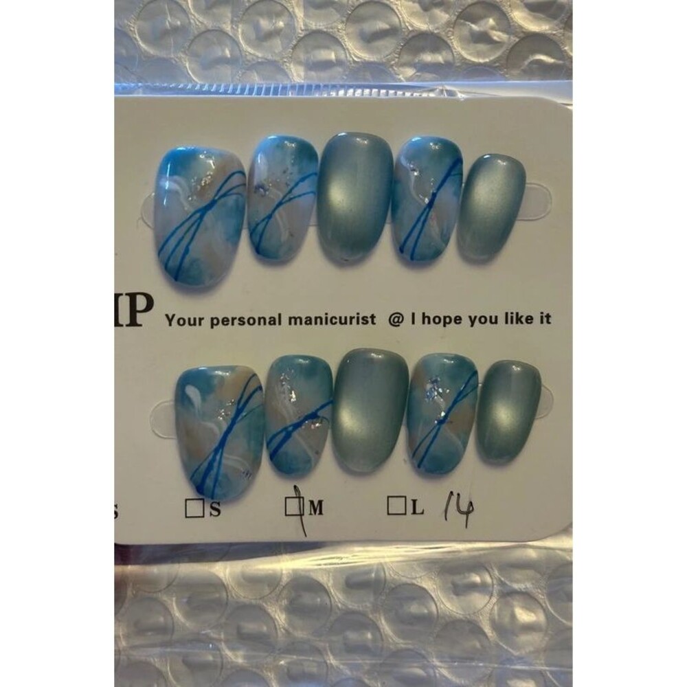 Blue Watercolor Short Round Press On Nails Size Medium